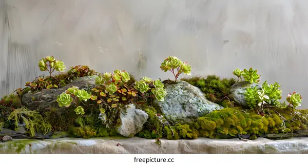 Succulents and Moss Growing on Rocks