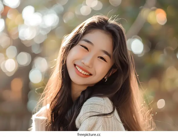 Smiling Asian Woman with Long Hair in Nature