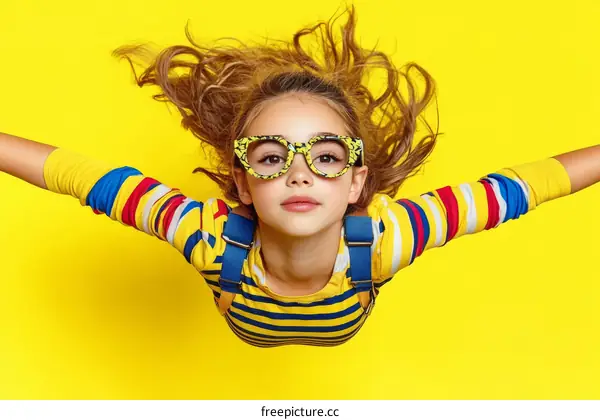 Little Girl Flying in Yellow Background