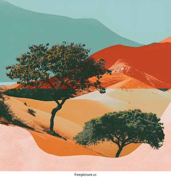 Desert Landscape Illustration With Trees And Mountains