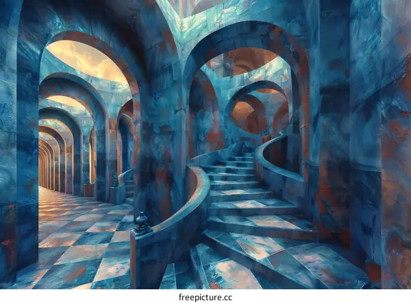 Surreal Blue and Copper Hallway with Arches and Stairs