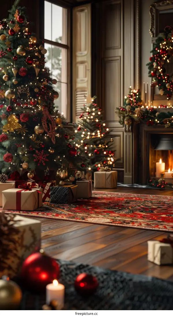 Ornate Christmas Living Room with Presents under Tree