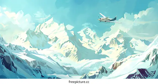 Airplane Flying Over Snowy Mountain Range