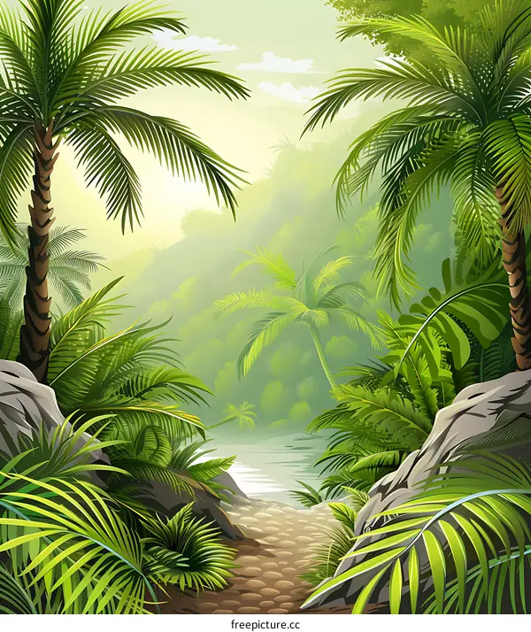 Tropical Rainforest Scene with Palm Trees
