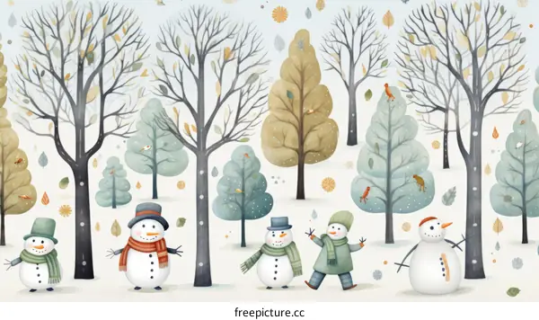 Five snowmen in a winter forest