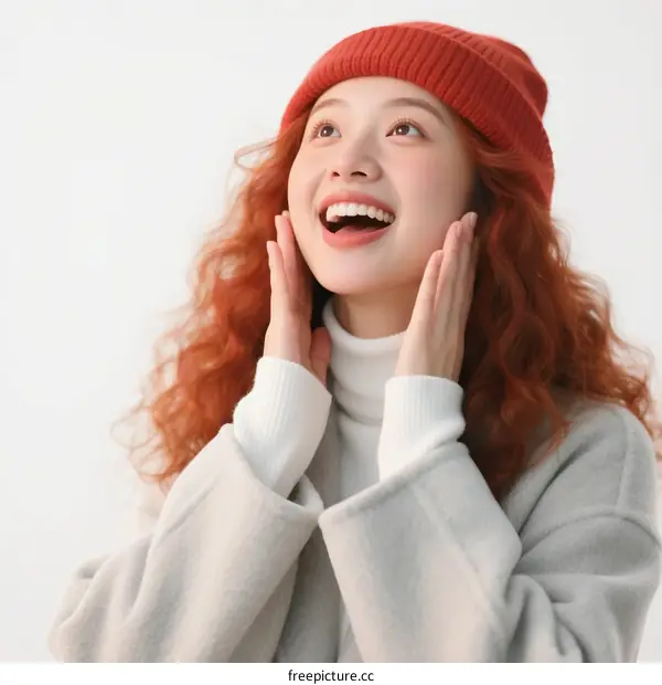 Happy young woman with curly red hair wearing winter hat and coat