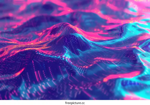 Colorful 3D rendering of a terrain with glowing particles