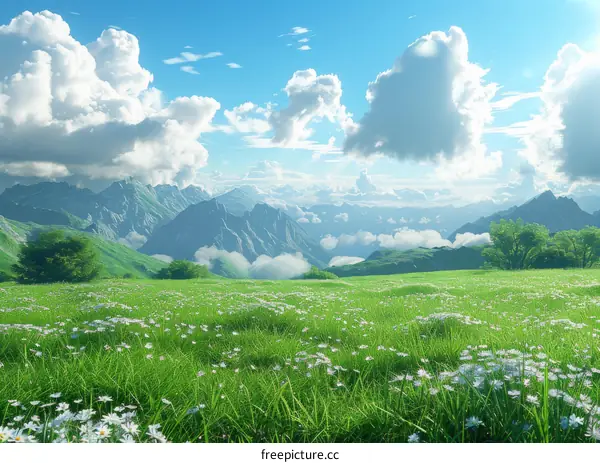 White flowers bloom on the hillside