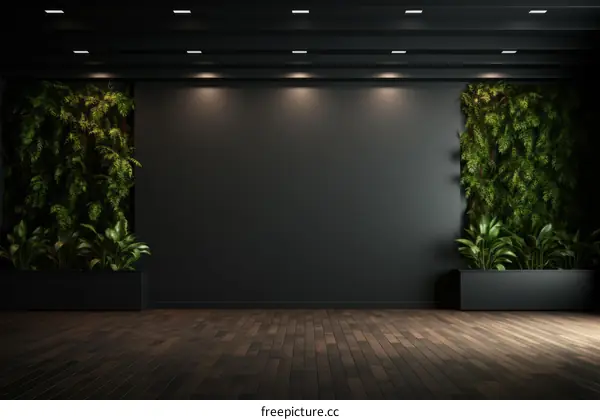 Black room with green plants