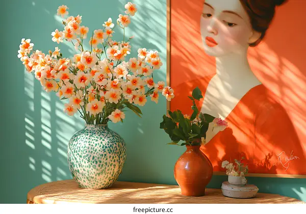 Floral Arrangement with a Painting of a Woman