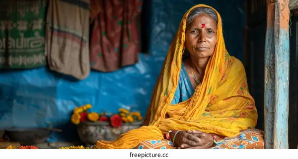 Portrait of an Indian woman in a yellow sari
