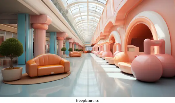 A shopping mall with a pink and blue theme