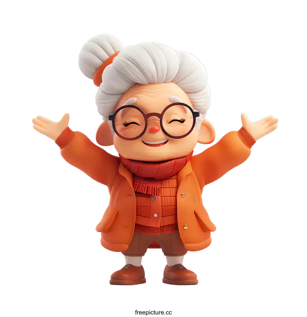 [Transparent Background PNG]Cute Cartoon Illustration of a Happy Elderly Woman Wearing an Orange Coat