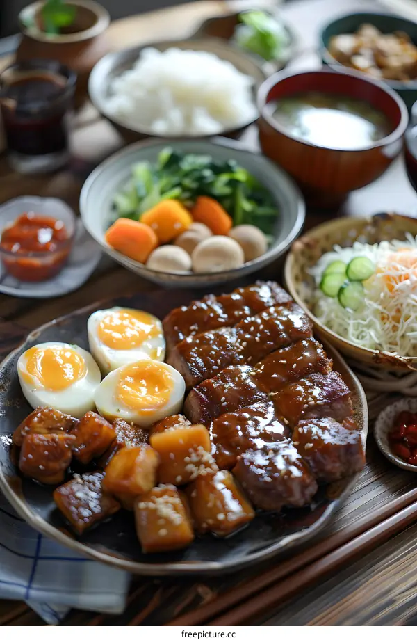 A delicious Japanese meal with steak, eggs, vegetables and rice.