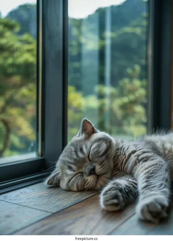 A gray cat is sleeping soundly on the floor next to a large window.