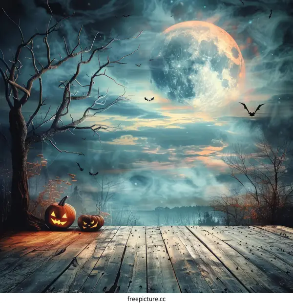 Halloween pumpkins under a full moon