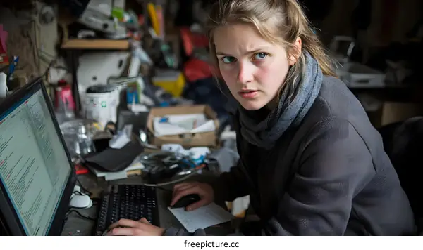 Woman Working on Computer in a Messy Room