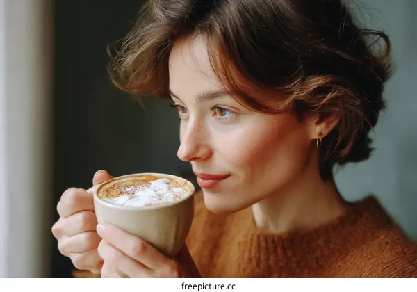 Woman enjoying a cappuccino at a cafe window