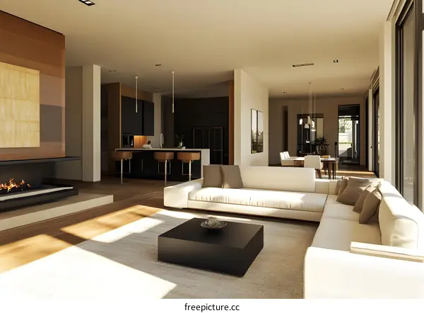 Modern Living Room Interior Design With Fireplace And Large Windows