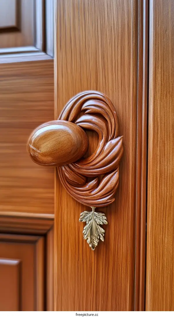 Ornate Wooden Door Handle and Leaf Detail