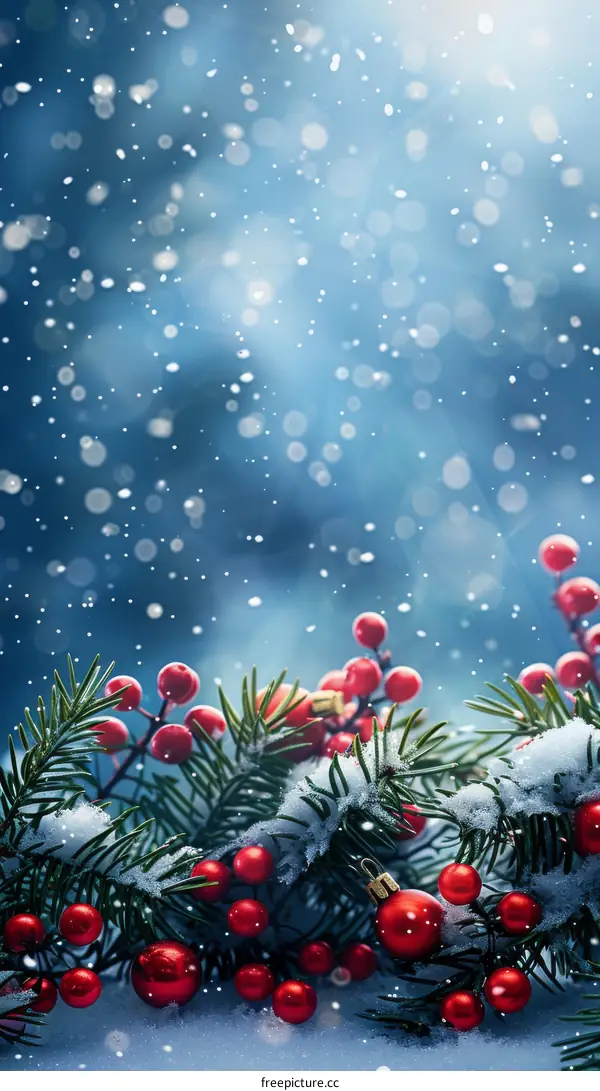 Red and Green Christmas Decoration with Snow and Pine