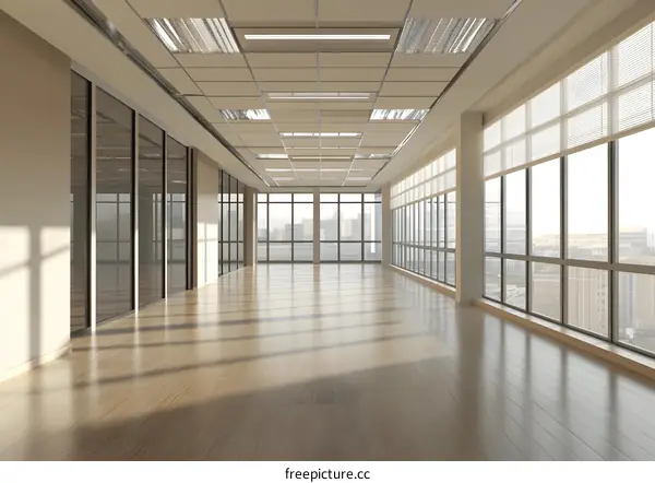 Empty Modern Office Room With Big Windows And Sunlight