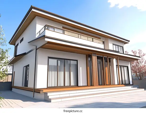 Modern Two Story House with Wooden Accents and Balcony