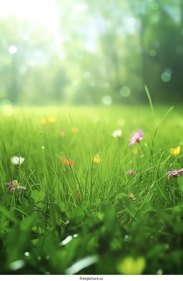 Close-up of green grass and flowers with a blurred background