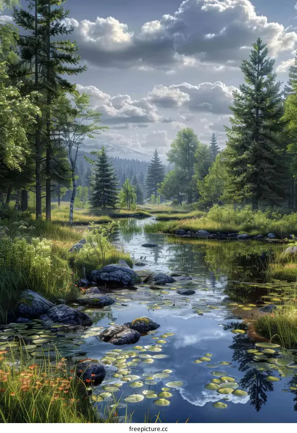 Tranquil Forest River with Lily Pads and Lush Greenery