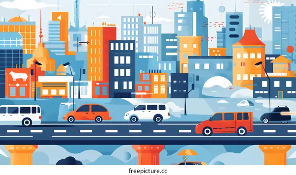 Modern Cityscape with Cars and Buildings Illustration