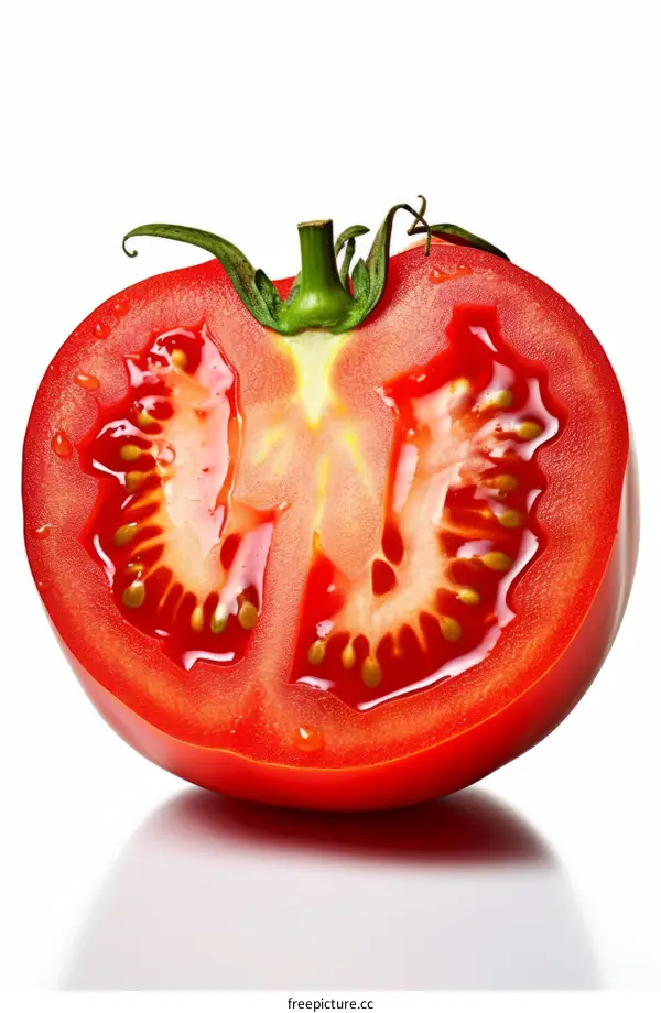 A cross section of a tomato reveals its juicy red interior