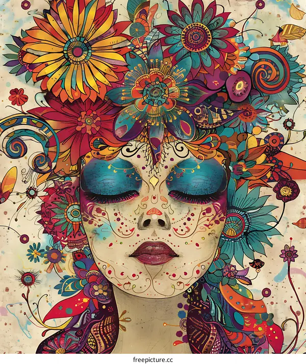 Colorful Floral Illustration of a Woman with Closed Eyes