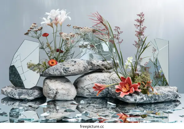 Floral Still Life with Rocks and Reflections