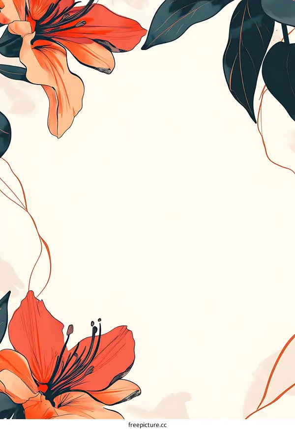 Floral Border with Orange Flowers and Green Leaves