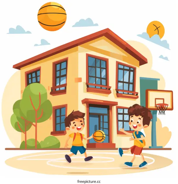 Two boys playing basketball in front of a school