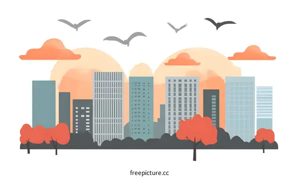 Modern City Skyline Illustration With Sunset and Birds