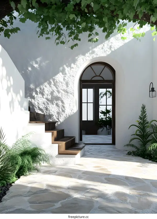 White Wall Arch Doorway Entrance Stairs