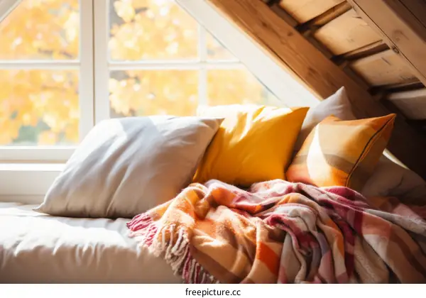 Cozy pillows and blankets by the window