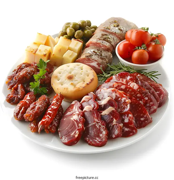 A variety of cured meats, cheeses, and olives on a white plate