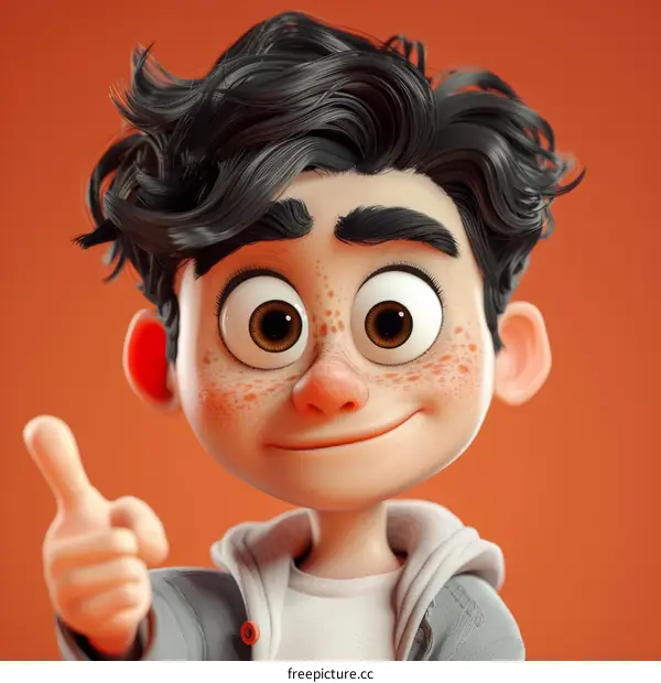 3D cartoon character of a boy with black hair and brown eyes
