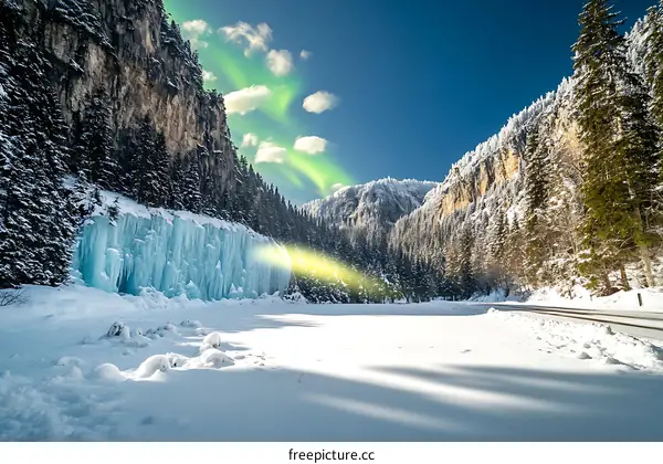 Frozen Waterfall In Winter Mountains