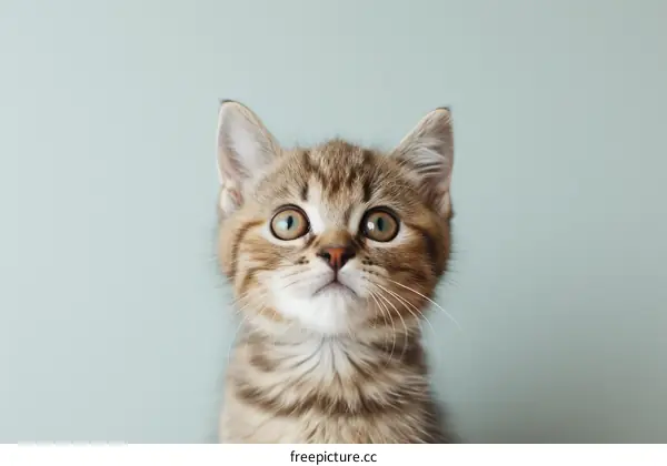 A cute tabby kitten with wide open eyes looking up
