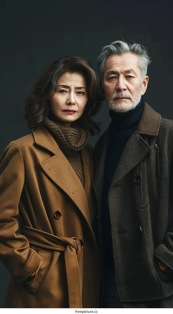 A portrait of an Asian elderly couple wearing brown coats