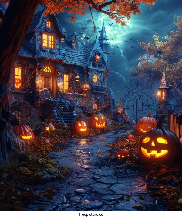 Spooky Haunted House with Halloween Decorations