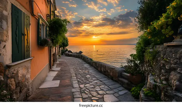 Sunset View from Cobblestone Path in European Village