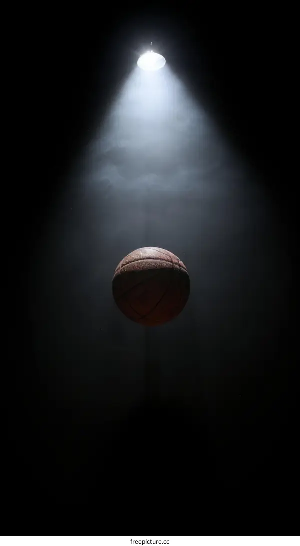 Basketball floating in a dark room with a spotlight shining on it