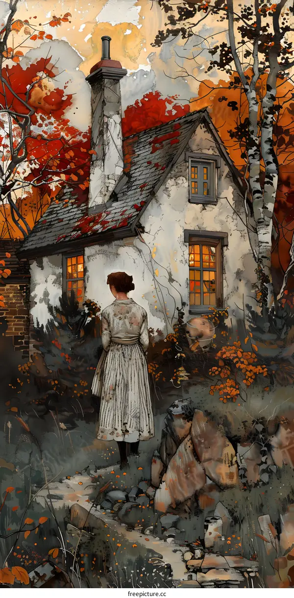 Girl in front of a cottage in the woods