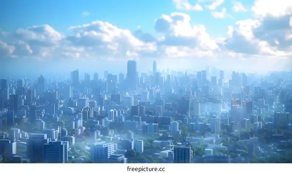 Cityscape of a large modern city with skyscrapers and a blue sky