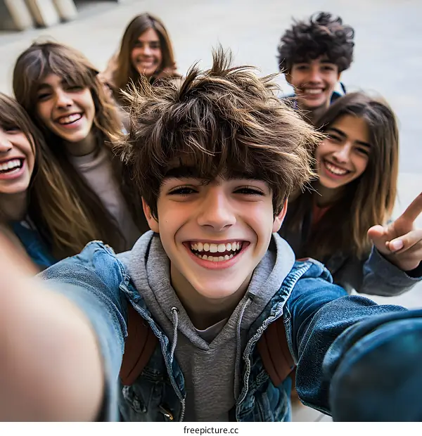 Group of Friends Taking Selfie Smiling and Happy