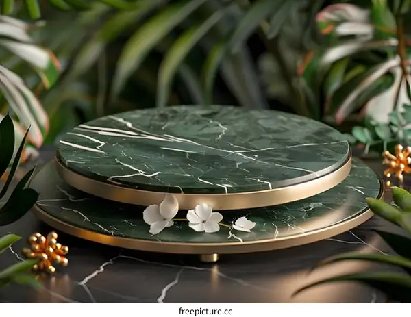 Green Marble Platform with White Flowers